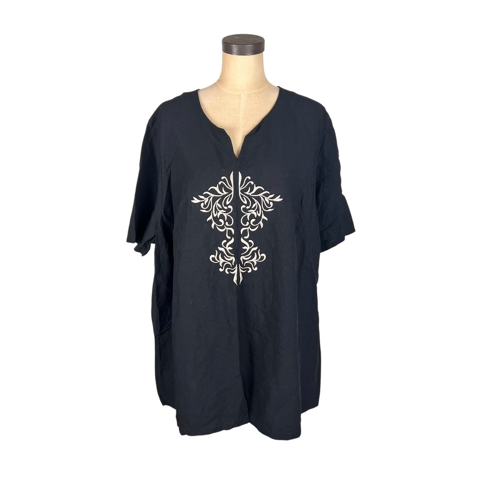 Ulla Popken Selection Black‎ Linen Blend Embroidered Tunic Top Plus Size 24/26